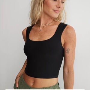 Aerie Smooth Black Cami Square Neck Tank Top Crop Top Cropped Small S